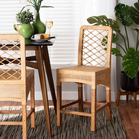 Baxton Studio Moscow Modern Bohemian Natural Brown Rattan and Walnut Brown Mahogany Wood Counter Stool 212-12815-ZORO